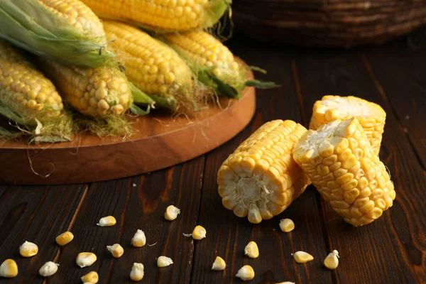 Tasty Sweet Corn Cobs Wooden Table — Stock Photo, Image