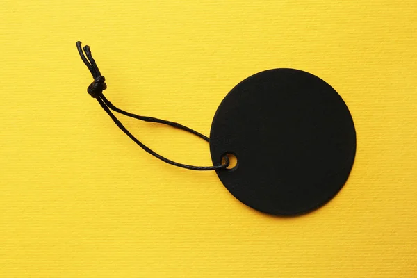 Circle Shaped Tag Space Text Yellow Background Top View — Fotografia de Stock