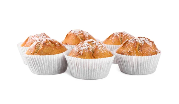 Muffins Saborosos Com Açúcar Fundo Branco — Fotografia de Stock