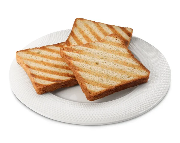 Πιάτο Φέτες Από Νόστιμο Φρυγανισμένο Ψωμί Λευκό Φόντο — Φωτογραφία Αρχείου