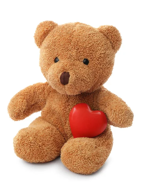 Cute Teddy Bear Red Heart Isolated White Valentine Day Celebration — Fotografia de Stock