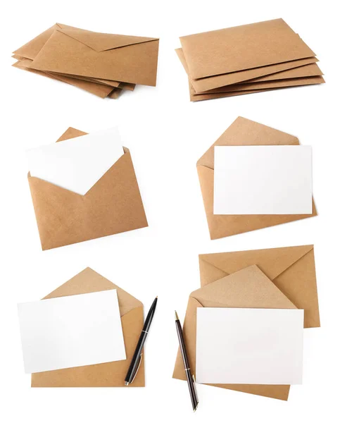 Set Com Letra Envelopes Kraft Sobre Fundo Branco — Fotografia de Stock
