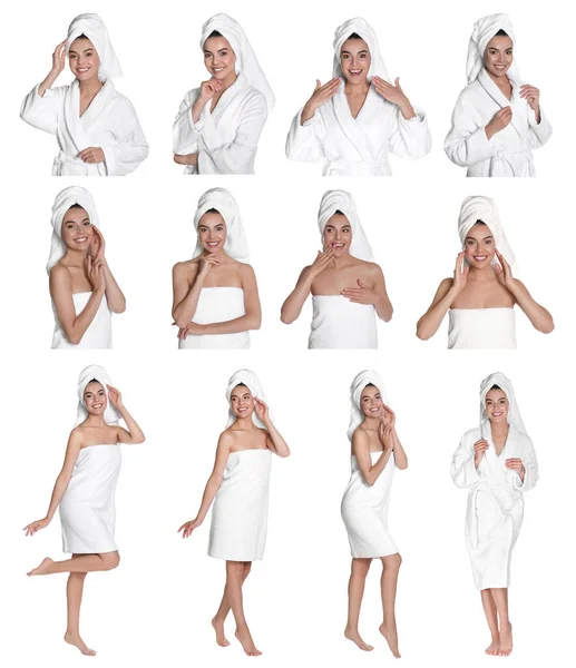 Κολάζ Φωτογραφίες Της Όμορφης Νεαρής Γυναίκας Πετσέτες Λευκό Φόντο — Φωτογραφία Αρχείου