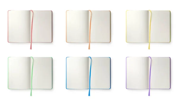 Conjunto Con Diferentes Cuadernos Abiertos Con Hojas Blanco Sobre Fondo — Foto de Stock