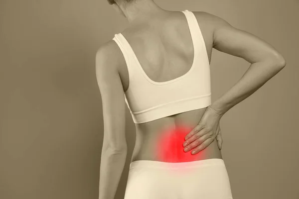 Woman Suffering Back Pain Color Background Closeup — Stock Photo, Image