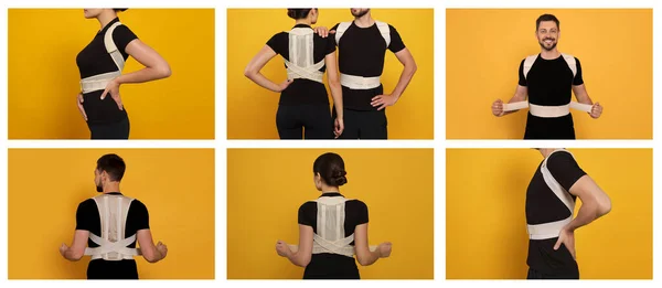 Collage Photos People Orthopedic Corsets Yellow Background Banner Design — Stock Photo, Image