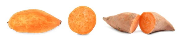 Set Med Skuren Mogen Sötpotatis Vit Bakgrund Banderolldesign — Stockfoto