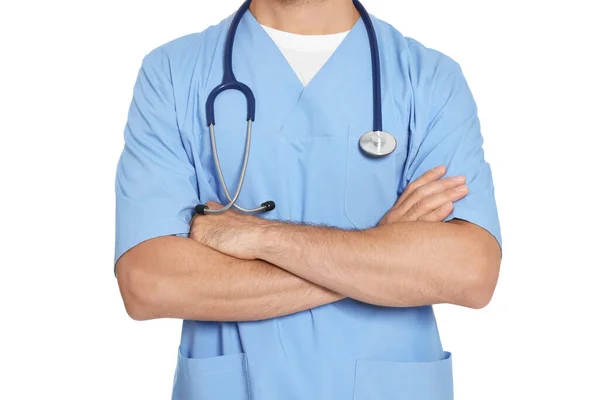 Arzt Mit Stethoskop Auf Weißem Hintergrund Nahaufnahme — Stockfoto