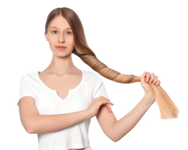 Adolescente Chica Con Fuerte Cabello Sano Sobre Fondo Blanco —  Fotos de Stock