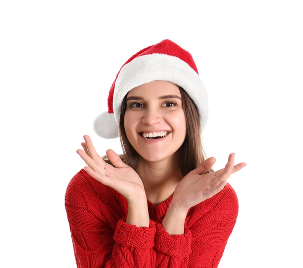 Noel Baba Şapkalı Güzel Bir Kadın Beyaz Arka Planda Kırmızı — Stok fotoğraf