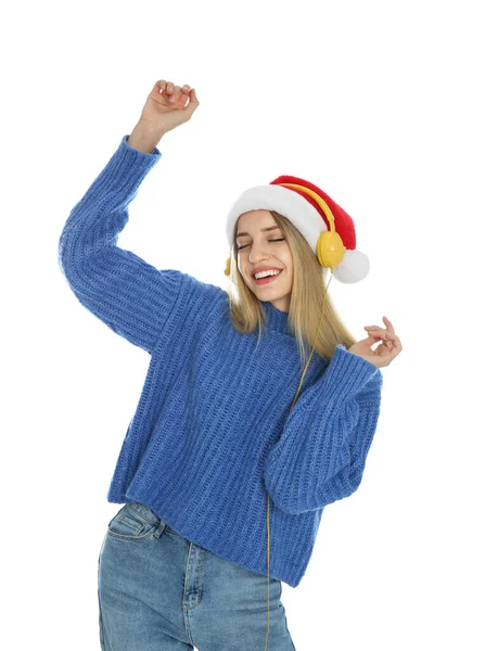 Glückliche Frau Mit Kopfhörern Auf Weißem Hintergrund Weihnachtsmusik — Stockfoto