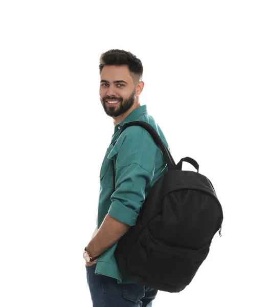 Junger Mann Mit Stylischem Rucksack Auf Weißem Hintergrund — Stockfoto