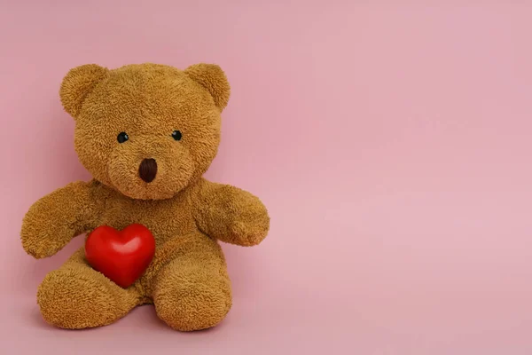 Cute Teddy Bear Red Heart Pink Background Space Text Valentine — Stock Photo, Image