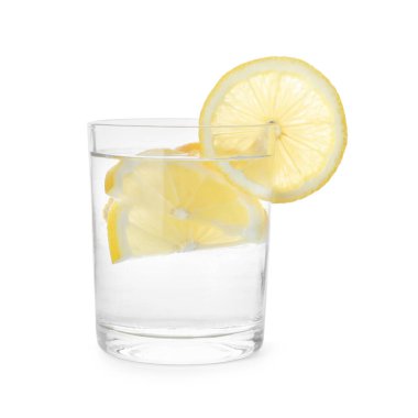 Glass with water and sliced lemon on white background