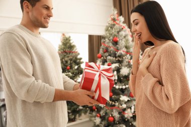 Evde Noel hediyesi olan mutlu çift.