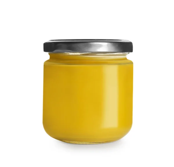 Spicy Mustard Glass Jar Isolated White — Stock fotografie