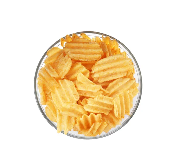 Bowl Ízletes Bordázott Burgonya Chips Fehér Alapon Felső Nézet — Stock Fotó