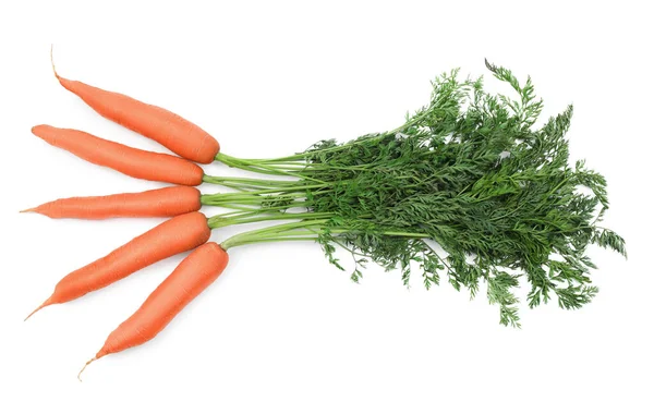 Many Tasty Ripe Carrots White Background Top View — Stok Foto