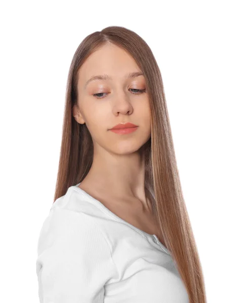 Adolescente Aux Cheveux Forts Sains Sur Fond Blanc — Photo