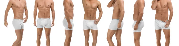 Colagem Com Fotos Homem Vestindo Roupas Íntimas Fundo Branco Close — Fotografia de Stock