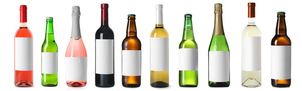 Σετ Μπουκάλια Διαφορετικών Αλκοολούχων Ποτών Λευκό Φόντο Σχεδιασμός Banner — Φωτογραφία Αρχείου