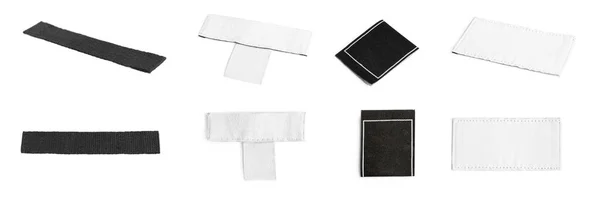 白い背景に異なる空白の服ラベル コラージュ バナーデザイン — ストック写真