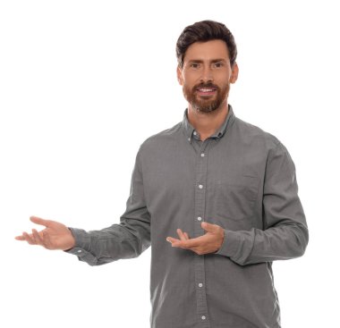 Handsome man gesturing on white background. Weather forecast reporter
