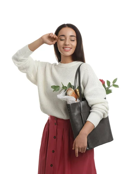 Jonge Vrouw Met Lederen Shopper Tas Witte Achtergrond — Stockfoto