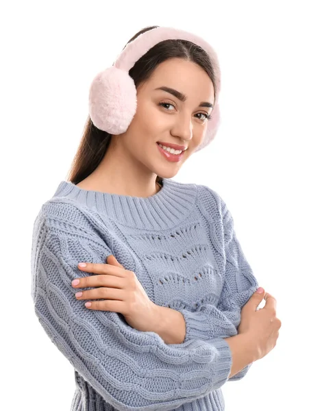 Schöne Junge Frau Trägt Ohrenschützer Auf Weißem Hintergrund — Stockfoto