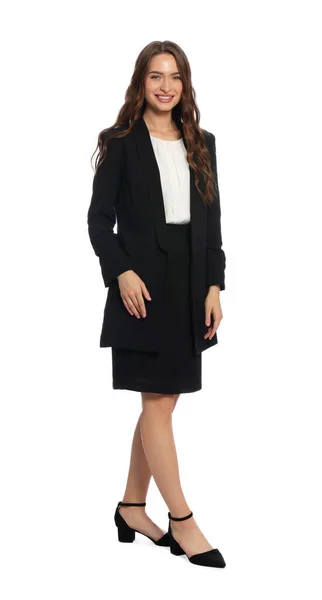 Full Length Portrait Hostess Uniform White Background — Fotografia de Stock
