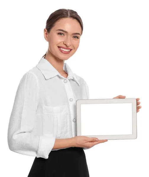 Portré Hostess Tabletta Fehér Alapon — Stock Fotó