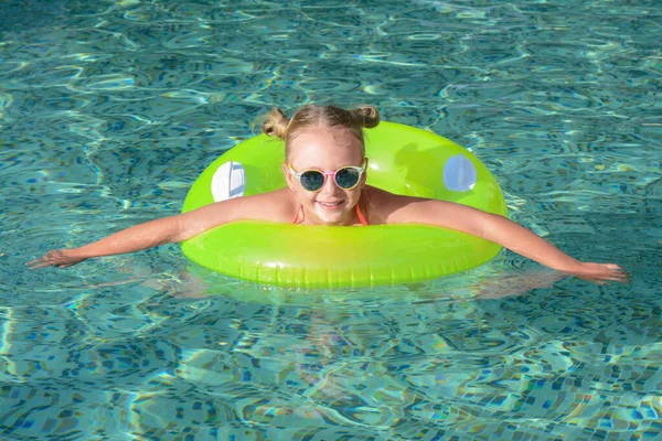 Happy Little Girl Inflatable Ring Outdoor Swimming Pool Sunny Day —  Fotos de Stock