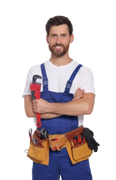 Professional Plumber Pipe Wrench Tool Belt White Background — Stock fotografie