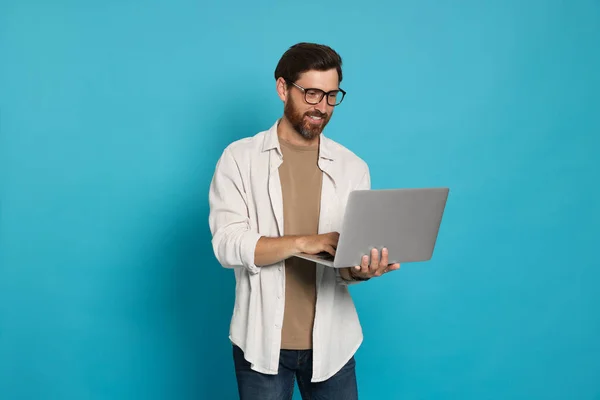 Handsome Man Laptop Light Blue Background — Photo