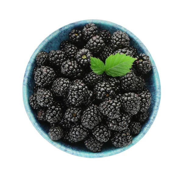 Tasty Ripe Blackberries Bowl Isolated White Top View — 图库照片
