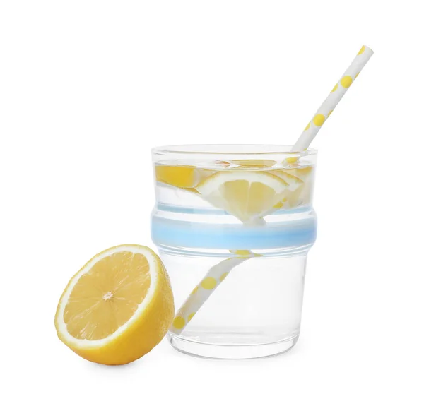 Glass Water Sliced Lemon White Background — Fotografia de Stock