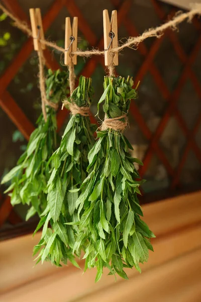 Bunches Beautiful Green Mint Hanging Rope Outdoors — Foto de Stock