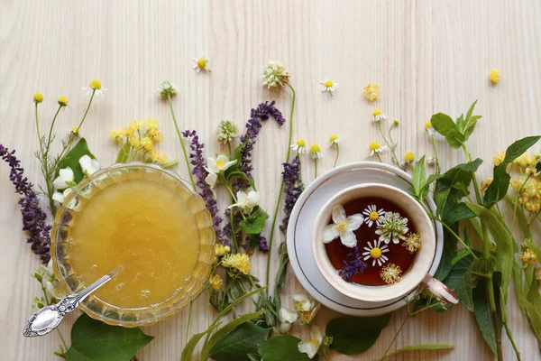 Cup Hot Aromatic Tea Honey Different Fresh Herbs White Wooden —  Fotos de Stock