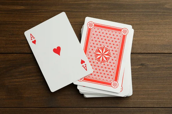 Deck Playing Cards Wooden Table Top View Poker Game — 图库照片