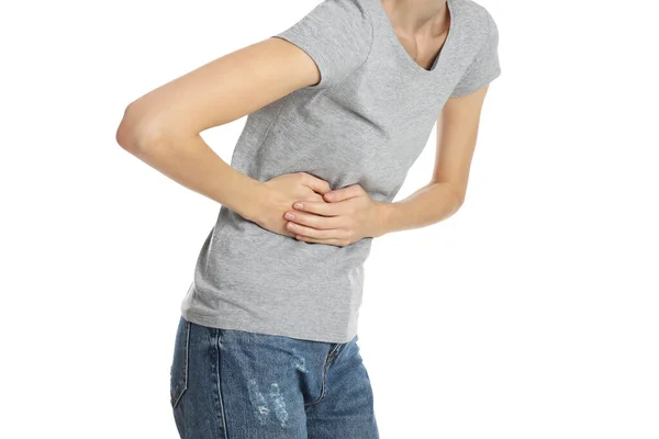 Young Woman Suffering Liver Pain White Background Closeup — Stock Photo, Image
