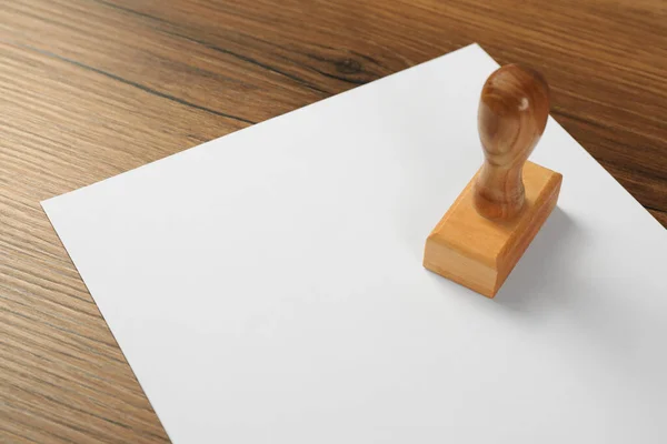 Blank Sheet Paper Stamp Wooden Table — ストック写真