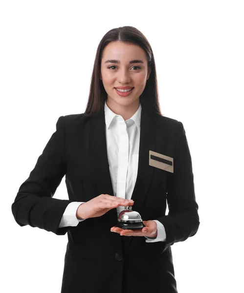 Gelukkige Jonge Receptioniste Uniform Houden Dienst Bel Witte Achtergrond — Stockfoto