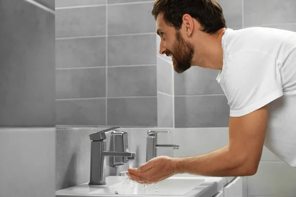 Handsome Man Washing Hands Stylish Bathroom — Stock Photo, Image