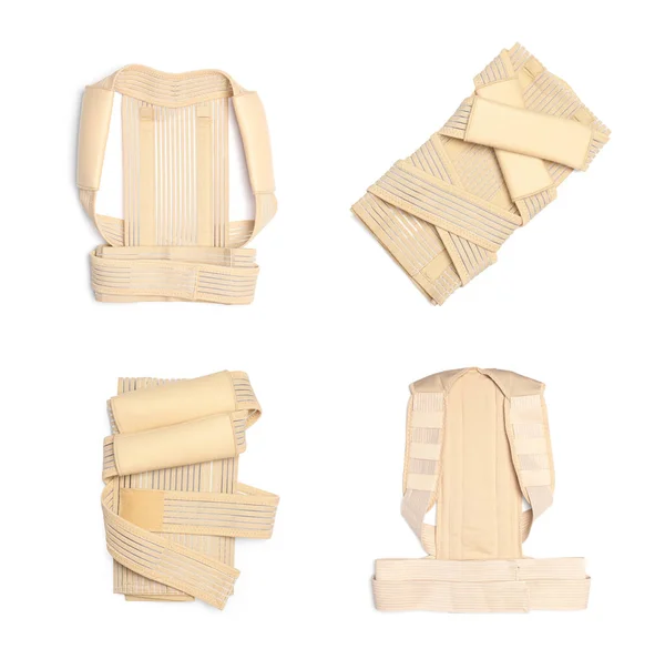 Set Orthopedic Corsets White Background Top View — Stock Photo, Image