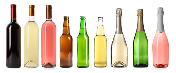 Conjunto Com Garrafas Diferentes Bebidas Alcoólicas Sobre Fundo Branco Design — Fotografia de Stock