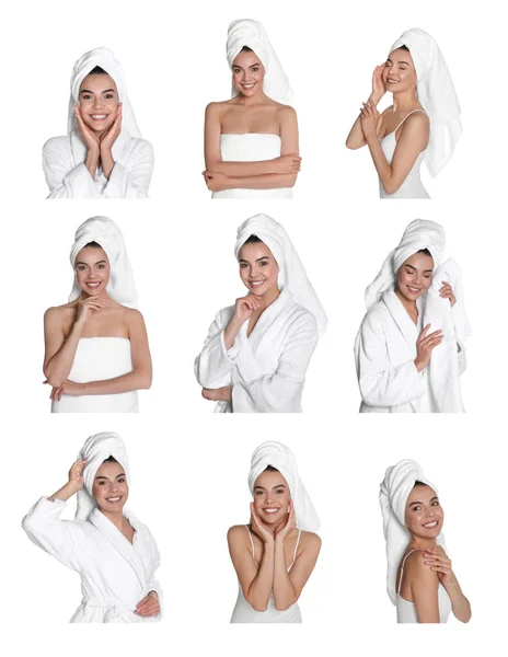 Collage Con Foto Bella Giovane Donna Con Asciugamani Sfondo Bianco — Foto Stock