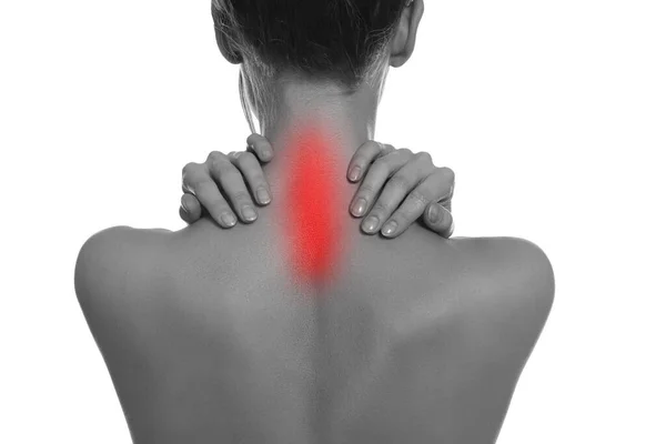 Mujer Que Sufre Dolor Espalda Sobre Fondo Blanco —  Fotos de Stock
