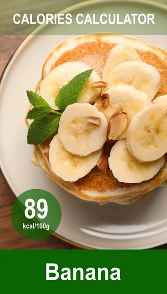 Weight loss concept. Calories calculator app with image of tasty pancakes with banana and its caloric content