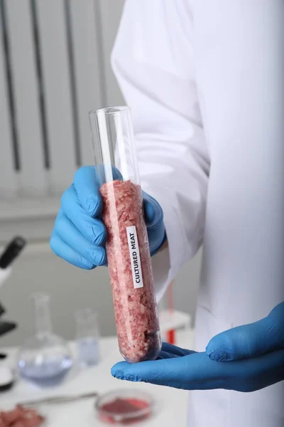 Wetenschapper Die Reageerbuis Met Rauw Gehakt Gekweekt Vlees Laboratorium Close — Stockfoto