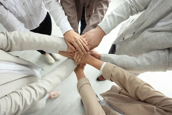 Group People Holding Hands Together Indoors View Unity Concept — Foto de Stock